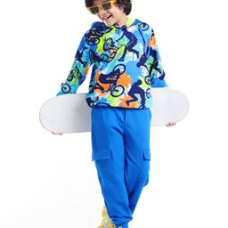 Ollington St. 100% Cotton Knit Full Sleeves Hooded Sweatshirt & Joggers Winter Wear Set With Color Splash & Bicycles Print - Blue-image-11