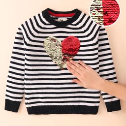 Yellow Apple Knit Full Raglan Sleeves Striped Sweater with Reversible Sequins - Black-image-28