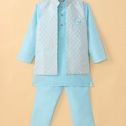 Ridokidz Full Sleeves Solid Kurta Pyjama With Floral Embroidered Jacket - Sky Blue-image-40