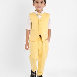 Dapper Dudes Full Sleeves Abstract Printed Shirt With Solid Waistcoat Bow Cap & Bottom - Yellow-image-27