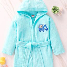 Babyhug Terry Knit Full Sleeve Hooded Bathrobe With Elastic At Waist & Animal Embroidery - Blue-image-80