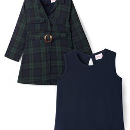 Babyhug Cotton Woven Full Sleeves Checkered Winter Frock with Sleeveless Inner T-Shirt - Dark Green-picture-6
