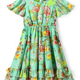 Pine Kids Woven Flutter Sleeves Frock with Floral Print & Frill Detailing - Light Green-image-39