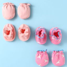 Ben Benny Interlock Knit Solid & Star Printed Pair of Mittens & Booties Pack of 2 - Pink & Peach-image-89