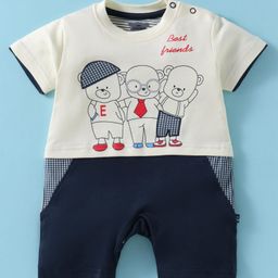 Mini Taurus Interlock Knit Half Sleeves Romper With Teddy Bear Print - Navy Blue & Cream-image-61