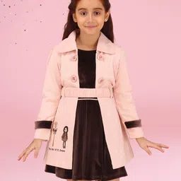 Cutecumber Solid Dress With Full Sleeves Typography Embroidered Jacket & Belt- Peach-picture-15