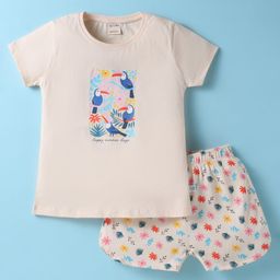 CUCUMBER Sinker Knit Half Sleeves Shorts Night Suit with Bird & Floral Print - Baby Pink-image-88