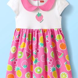 Babyhug Single Jersey Knit Cap Sleeves Peter Pan Collared Frock with Fruits Print - Dark Pink-image-53