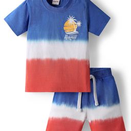Babyhug Terry Knit Half Sleeves T-Shirt and Shorts Co-Ord Set with Ombre & Hawai Text Print - Navy Blue & Red-image-37