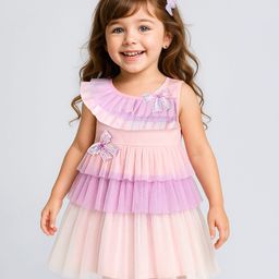 Babyhug Woven Sleeveless Mesh Party Dress With Bow Applique - Multicolor-image-79