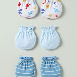 Ben Benny 100% Cotton Knit Mittens with Stripe Design & Sea Life Print Pack of 3 - Blue & White-picture-27
