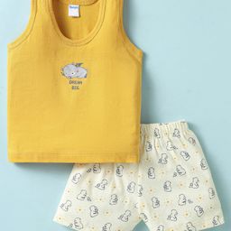 Tango Single Jersey Knit Sleeveless Bear Printed Vest & Knee Length Shorts Set - Yellow & Cream-image-59