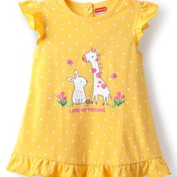 Babyhug Cotton Knit Frill Sleeves Nighty With Animal & Polka Dot Print - Yellow-image-84