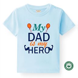 BLUSHES 100% Cotton Fathers Day Theme Half Sleeves My Dad Is My Hero Text Printed Tee - Aqua Blue-image-32