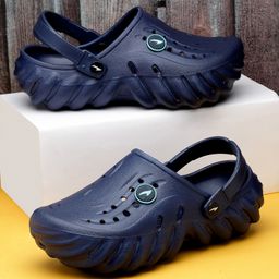 asian Solid With Back Strap Perforated Clogs - Navy Blue-image-5