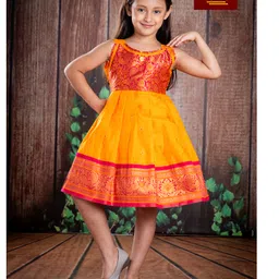 Bhartiya Paridhan Silk Woven Sleeveless Pleated Ethnic Dress With Floral & Peacock Embroidery - Yellow-picture-15