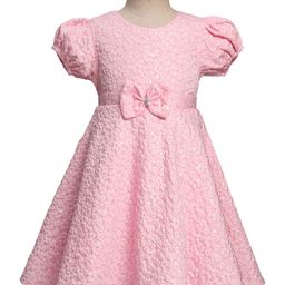Babyhug Mesh Woven Puffed Sleeves Fit & Flare Party Dress with Embossed Design & Bow Applique - Pink-image-4