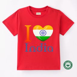BLUSHES 100% Cotton Knit Independence Day Theme Half Sleeves I Love India Text Printed Tee - Red-image-67