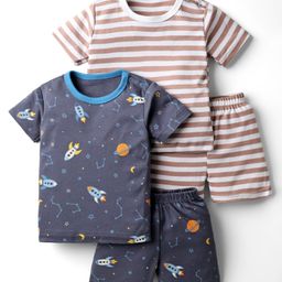 Kidi Wav Pack Of 2 Half Sleeves Striped & Space Theme Printed Coordinating Tees & Shorts Set - Multi Colour-image-31