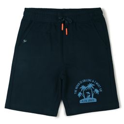 ALAN JONES Cotton Blend Knit The Beach Is Calling And I Must Go Text Printed Shorts - Navy Blue-image-4