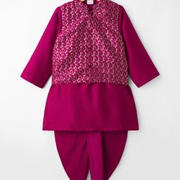 Babyhug Rayon Woven Full Sleeves Solid Kurta Dhoti Set with Sequenced Nehru Jacket - Magenta Pink-picture-38
