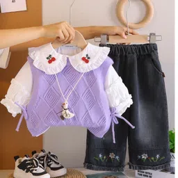 Googo Gaaga Cotton Knit Full Puffed Sleeves Cherries Embroidered Peter Pan Collar Top & Jeans With Light Winter Sweater Set - Purple-picture-19