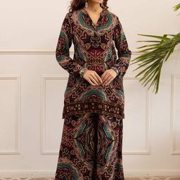 KALINI Ethnic Motifs Printed Mandarin Collar Thread Work Kurta With Palazzos-image-38