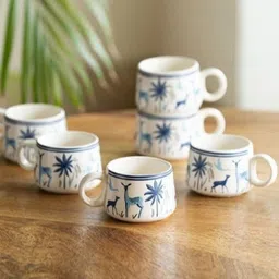 deedecorwave Blue Handcrafted Printed Ceramic Matte Cups Set of 6-image-20