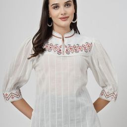 COSMIC TRIO Embroidered Mandarin Collar Bishop Sleeves Cotton Top-image-81