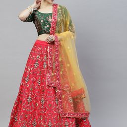 SHUBHKALA Red & Green Embroidered Sequinned Semi-Stitched Lehenga & Unstitched Blouse With Dupatta-4
