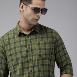 BEAT LONDON by PEPE JEANS Men Olive Green & Navy Blue Slim Fit Checked Cotton Casual Shirt-image-29