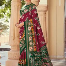 Satrani Maroon & Green Printed Saree With Unstitched Blouse-image-30