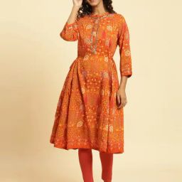 W Orange Printed A Line Kurta-image-95