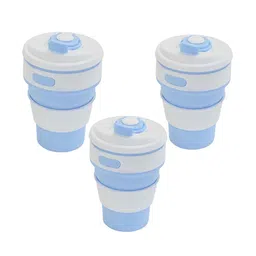 Kuber Industries Turquoise Blue & White 3 Pieces Textured Collapsible Cup With Lid 350ml-52