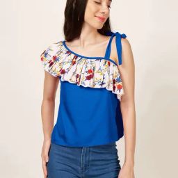PATRORNA Cream & Blue Floral Print Top-image-60
