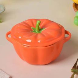 Nestasia Green & Orange Quirky Pumpkin Ceramic Bowl with Lid, Microwave-Safe, 350ml-22