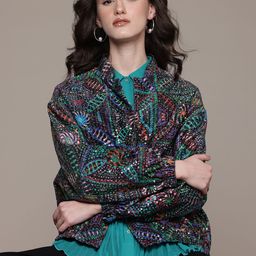 Label Ritu Kumar Geometric Printed Sequined Velvet Tailored Jacket-83