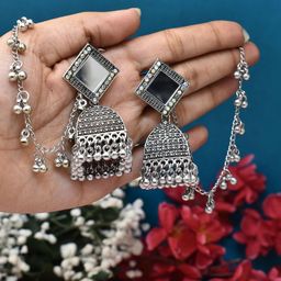 MEIRA JEWELLERY Silver-Plated Artificial Studded & Beaded Oxidised Dome Shaped Jhumkas-picture-8
