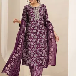 Libas Floral Printed Mirror Work Straight Kurta With Trousers & Dupatta-picture-2
