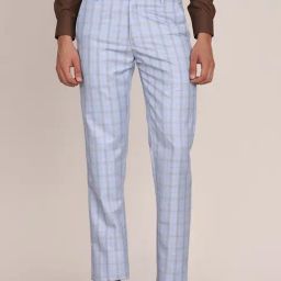 TAHVO Blue Cotton Regular Fit Checks Trousers-image-20