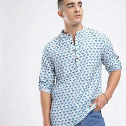 Anouk Rustic Band Collar Conversational Printed Roll-Up Sleeves Kurta image 4