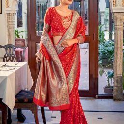 Satrani Red & Golden Silk Woven Saree With Unstitched Blouse-image-38