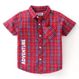 Babyhug Cotton Half Sleeves Check Shirt with Text Print - Red-image-60