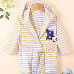 Babyhug Cotton Terry Knit Full Sleeves Striped Hooded Bath Robe Ball Patch - Yellow Green & White-image-99