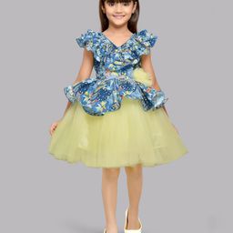 PinkChick Cap Sleeves Frill Detailed & Seamless Doodle Art Printed Peplum Style Dress - Blue-image-30