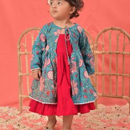 Vastramay Full Sleeves Solid Dress With Floral Printed & Gota Lace Embellished Jacket - Red And Aqua Blue-image-37