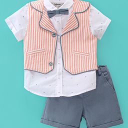 ToffyHouse Woven Half Sleeves Shirt & Shorts Set With Waistcoat & Bow Striped - Orange White & Blue-image-90