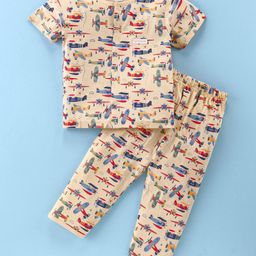 ToffyHouse  100% Cotton Knit Half Sleeves Front Open Night Suit with Airplane Print - Beige-image-59