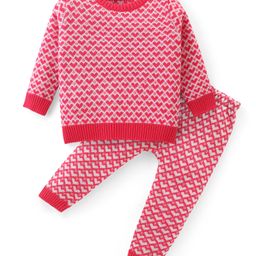 Babyhug Knitted Full Sleeves Sweater Set with Heart Design - Pink-picture-10