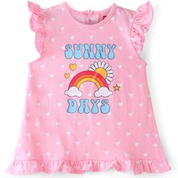 Babyhug Cotton Knit Flutter Sleeves Nighty Heart Print - Pink-picture-15